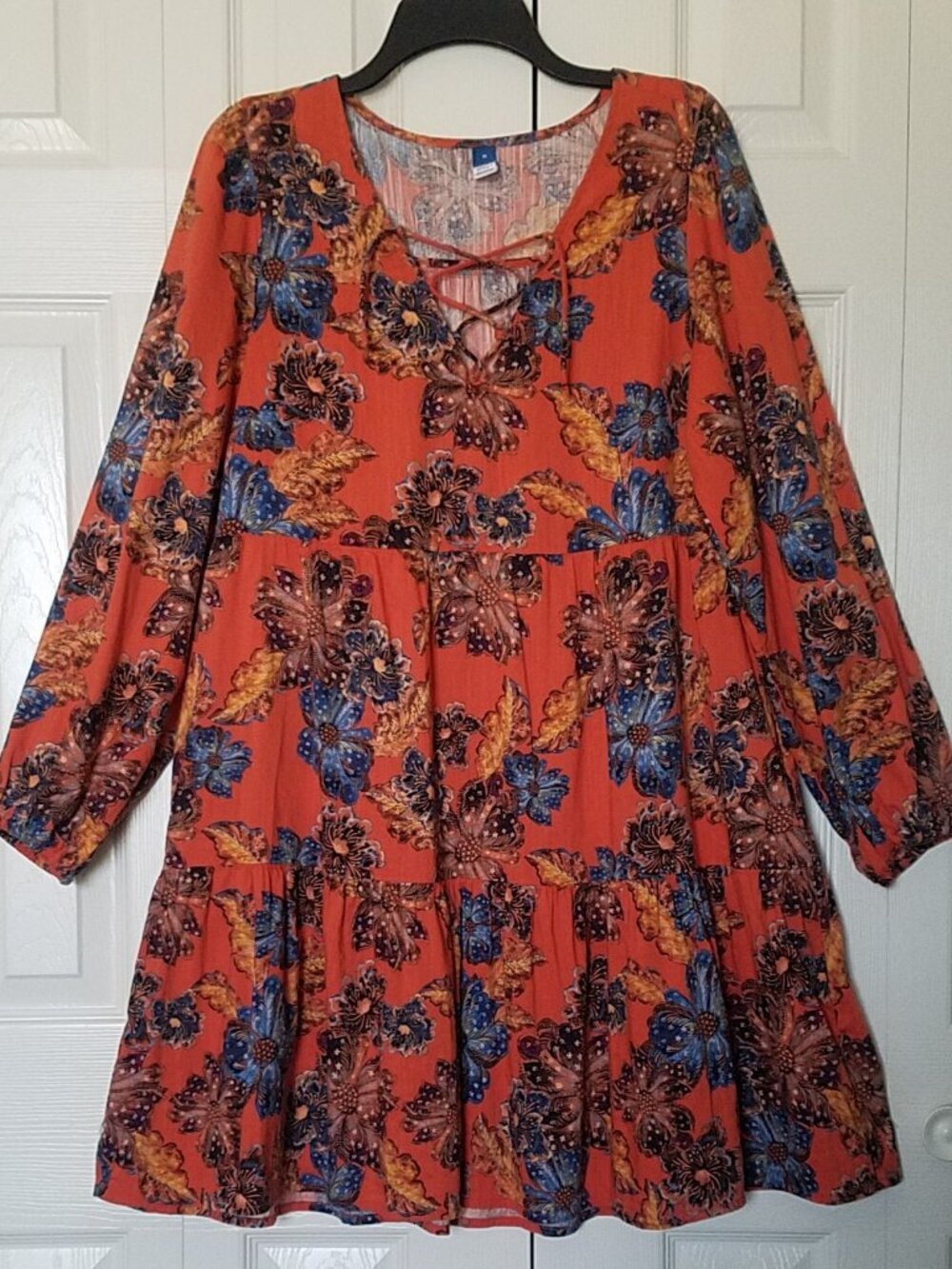 OLD NAVY Orange Floral Boho Peasant Lace Up L/S Pockets Tiered Dress Cottagecore